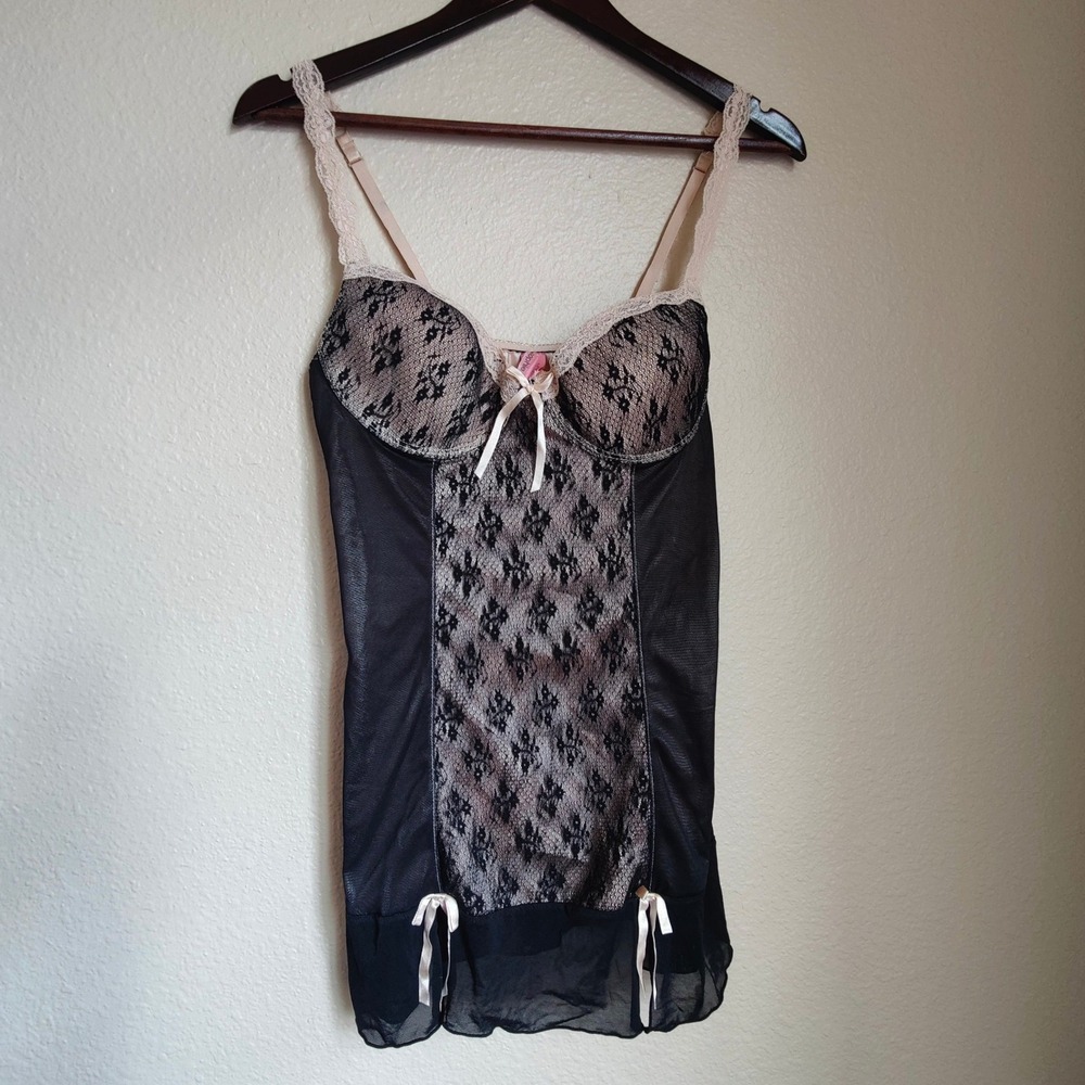 Sophie B VTG Y2K Bustier Lingerie Black Pink Lace Medium Coquette Lolita Bows